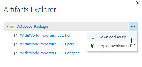 To the right of the Database_Package folder, the ellipsis is clicked, and from the drop-down menu, Download as zip is selected.